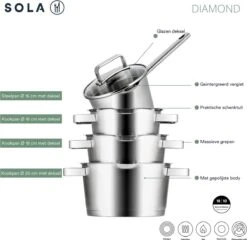 Sola Pannenset Diamond - 4 Delig - Ø 16,16,18,20 Cm - Zilver - RVS - Sandwichbodem 22 Sola Pannenset Diamond - 4 Delig - Ø 16,16,18,20 Cm - Zilver - RVS - Sandwichbodem -Keuken Potten Winkel 1200x1166 4