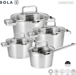 Sola Pannenset Diamond - 4 Delig - Ø 16,16,18,20 Cm - Zilver - RVS - Sandwichbodem 21 Sola Pannenset Diamond - 4 Delig - Ø 16,16,18,20 Cm - Zilver - RVS - Sandwichbodem -Keuken Potten Winkel 1200x1183
